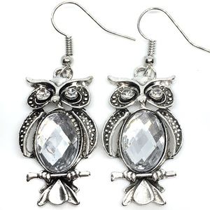 Silver Owl & Clear Crystal Boho Drop Earrings